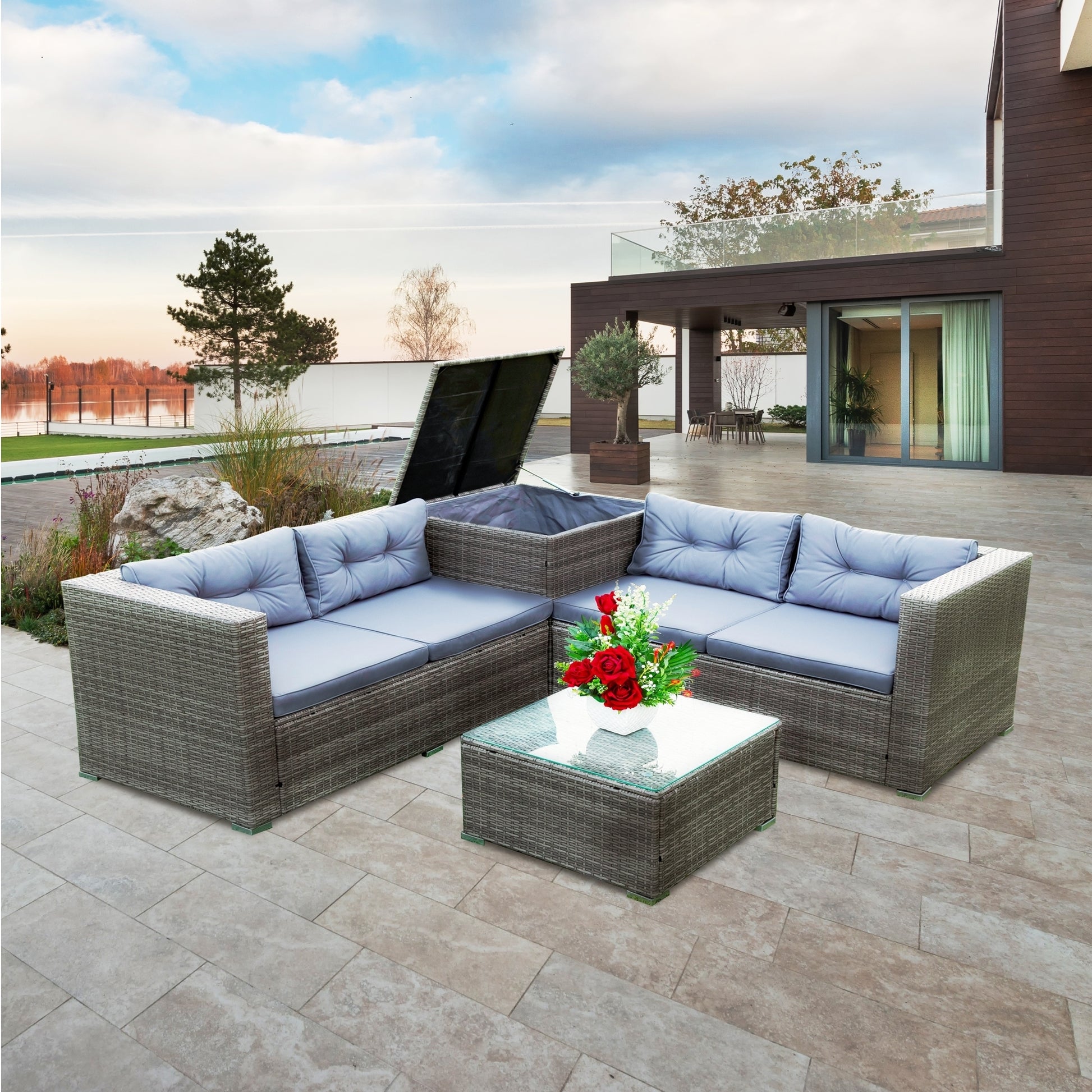 4 Piece Patio Sectional Outdoor Furniture Sofa Set with Storage