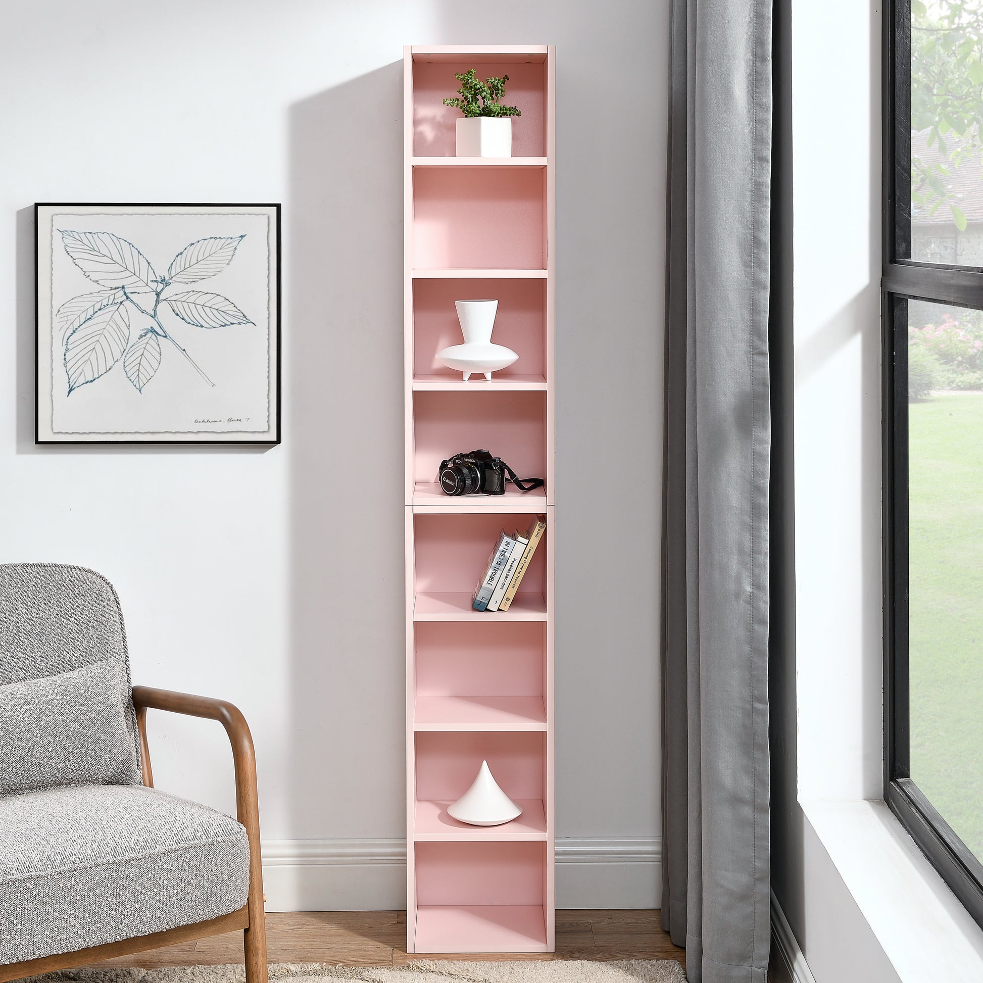 Slim Storage Cabinet with Adjustable Bookshelf for Home Office