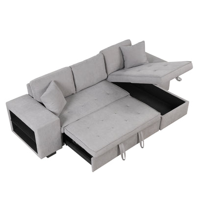 Modern L-Shape Sectional, Sleeper Sofa, Storage Chaise, 2 Stools, Grey