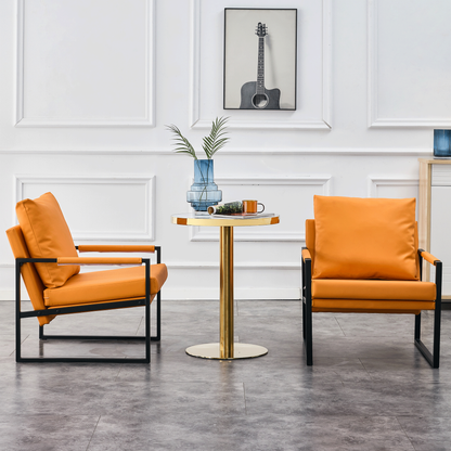 Orange Leather Armchair, Metal Frame, Cushion Backrest