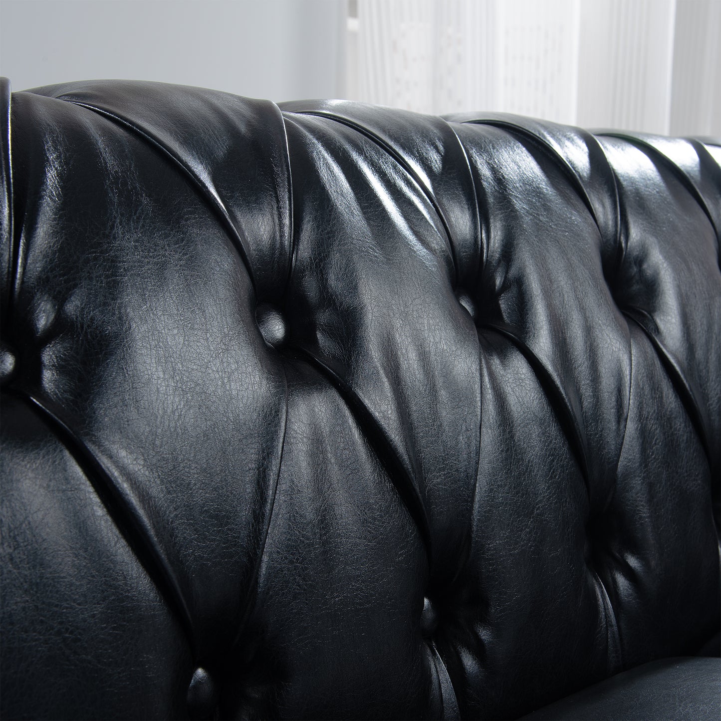 BLACK PU Rolled Arm Chesterfield Three Seater Sofa.