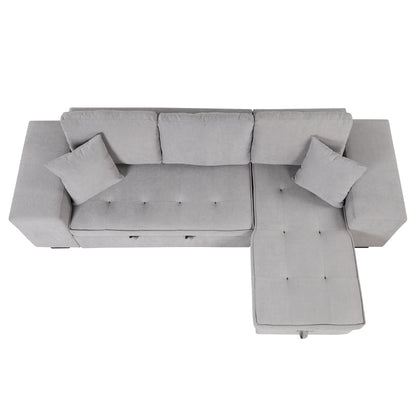 Modern L-Shape Sectional, Sleeper Sofa, Storage Chaise, 2 Stools, Grey