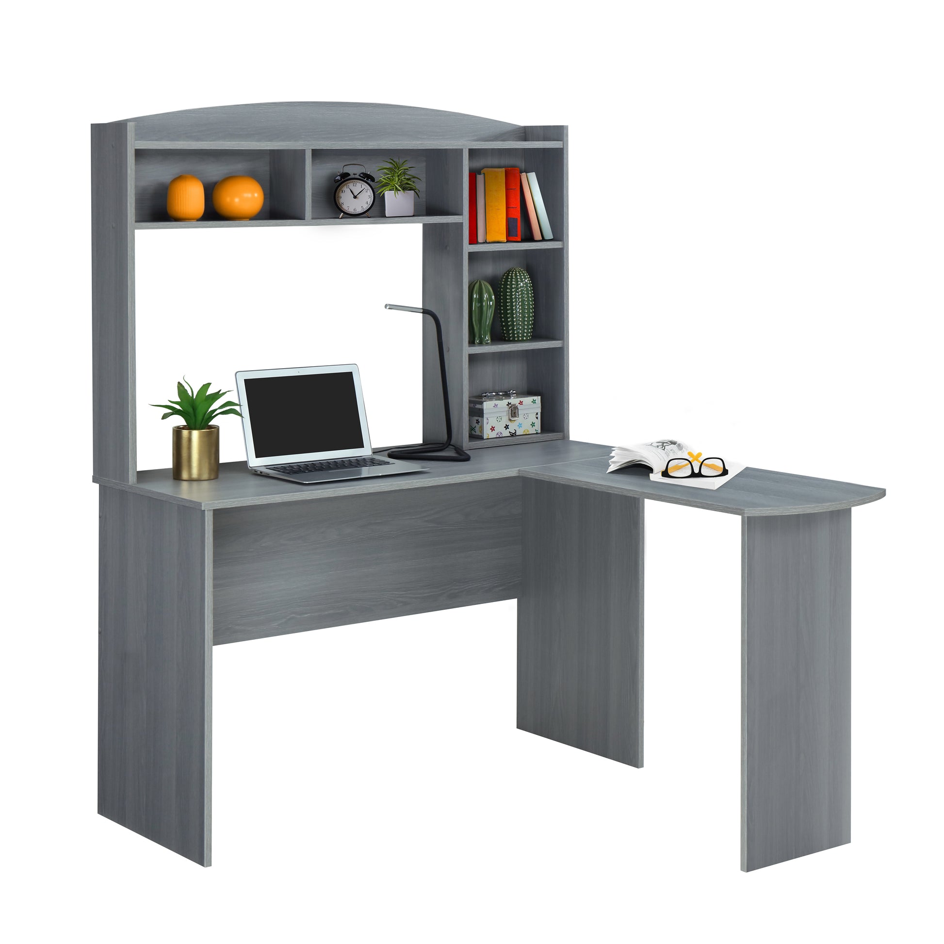 Techni Mobili Modern L-Shaped Desk with Hutch, Grey