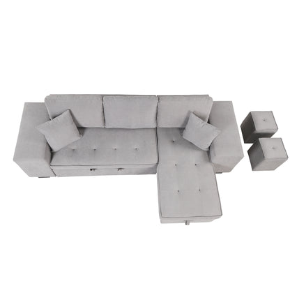 Modern L-Shape Sectional, Sleeper Sofa, Storage Chaise, 2 Stools, Grey