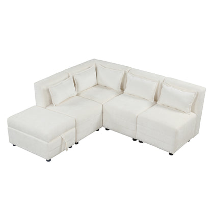 Sectional Sofa 5-seater Modular Couches, Storage Ottoman, 5 Pillows, Cream