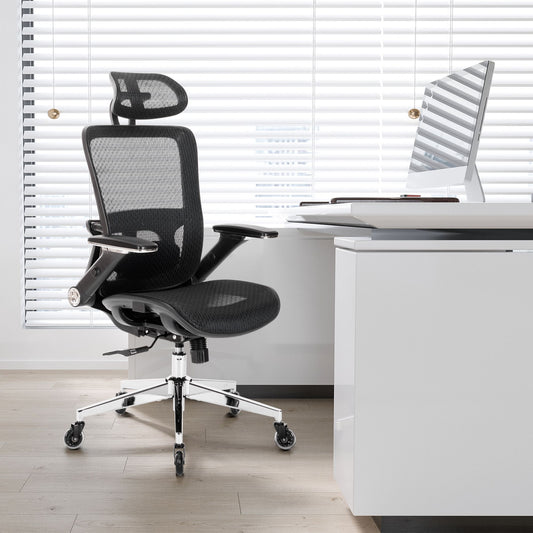 BLACK Ergonomic Mesh Office Chair, Adjustable Headrest, Flip-Up Arms