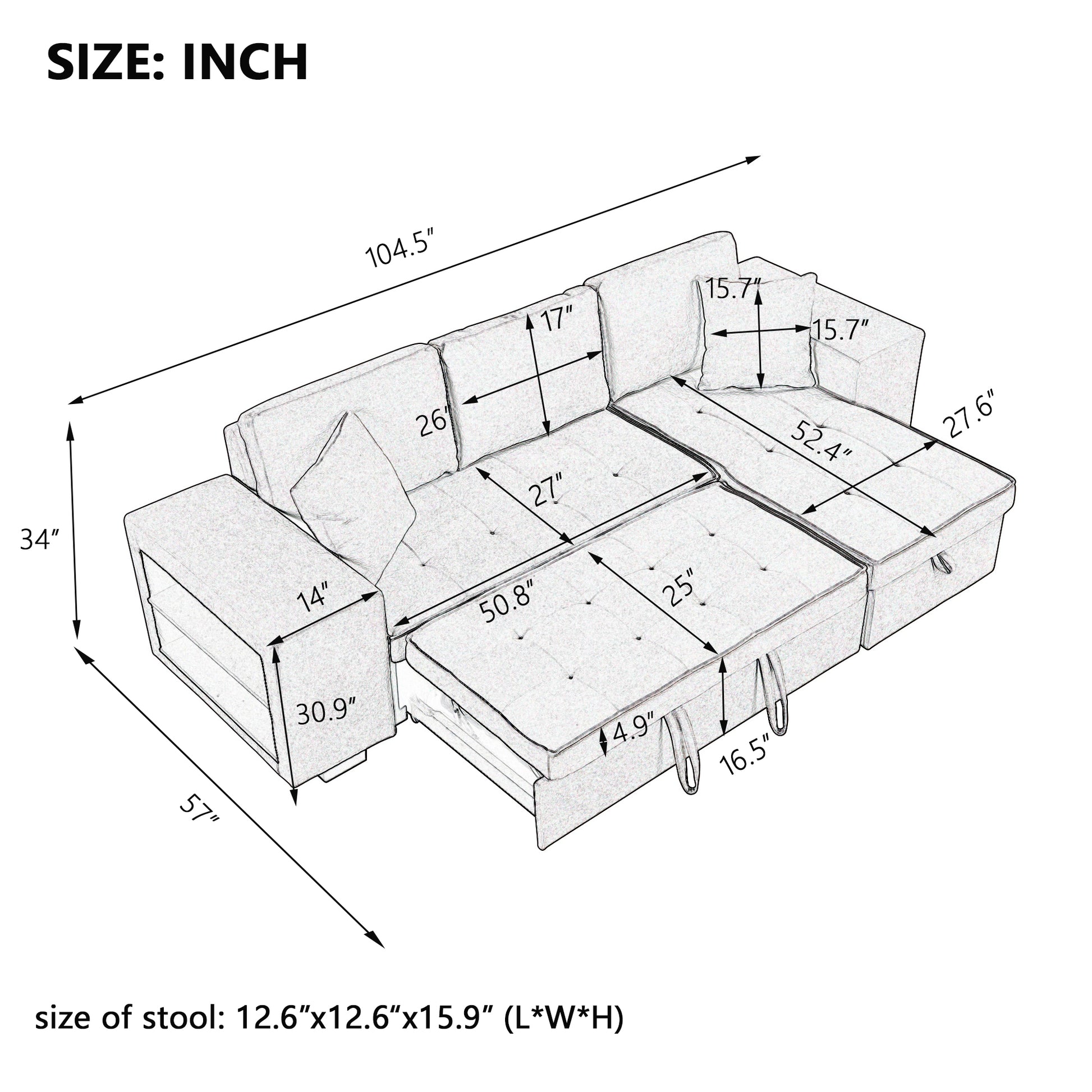 Modern L-Shape Sectional, Sleeper Sofa, Storage Chaise, 2 Stools, Grey