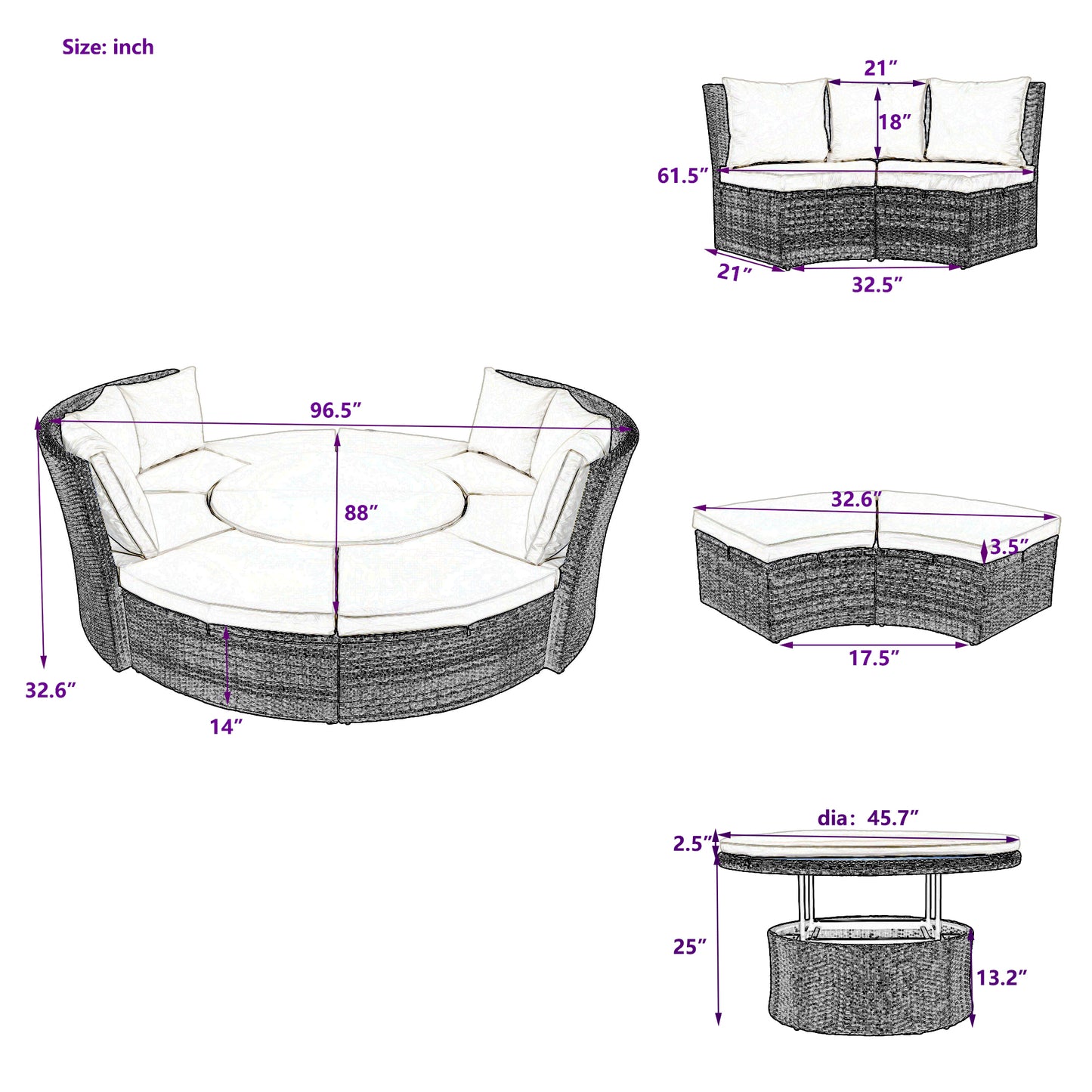 Patio 5-Piece Round Sectional Sofa Set All-Weather