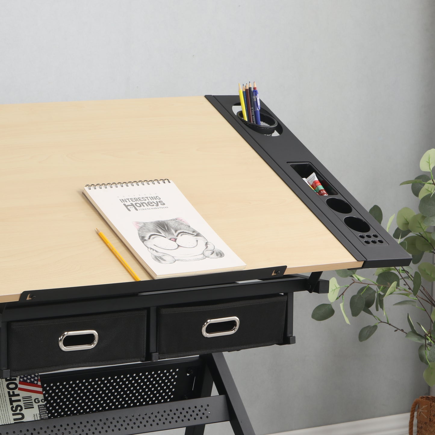 Adjustable drawing drafting table desk, 2 drawers for office