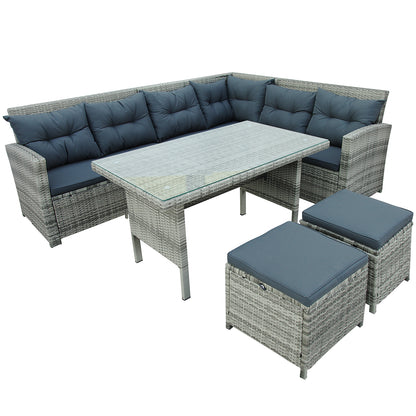 6-Piece Patio Furniture Set Outdoor Sectional Sofa, Glass Table