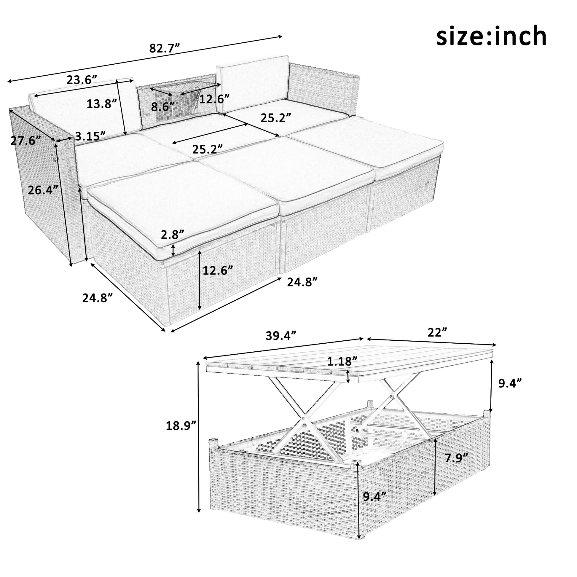 5-Piece Patio Sofa Set, Adjustable Backrest, Ottomans, Lift Top Table