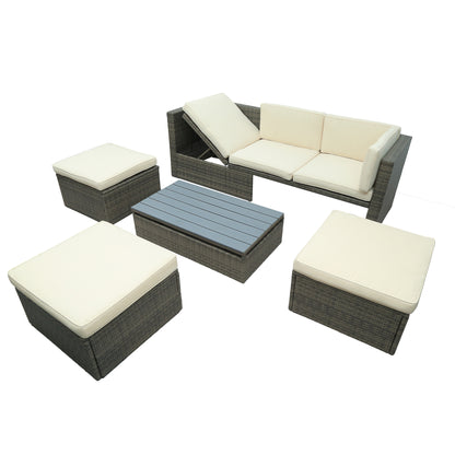 5-Piece Patio Sofa Set, Adjustable Backrest, Ottomans, Lift Top Table