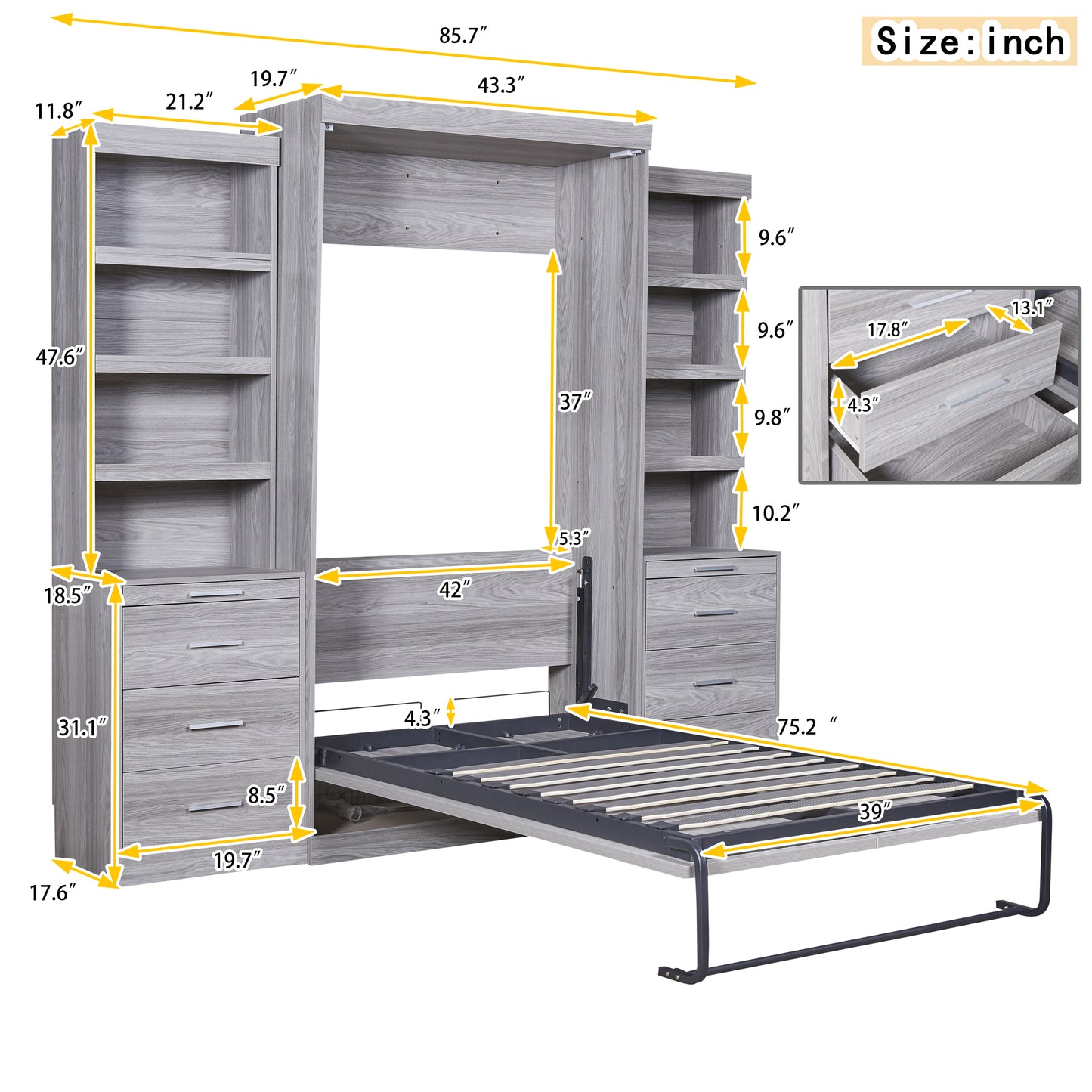 Twin Size Murphy Bed with Storage Shelves and Drawers