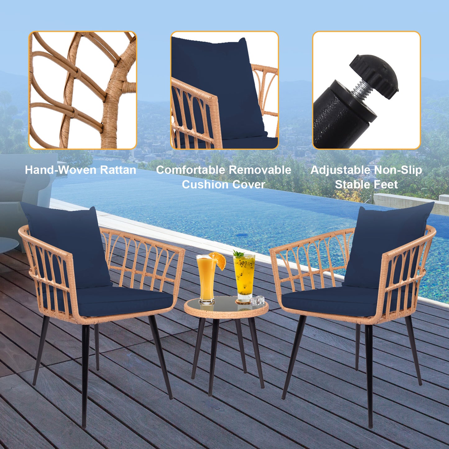 3 Piece Patio Bistro Set with Side Table, Outdoor