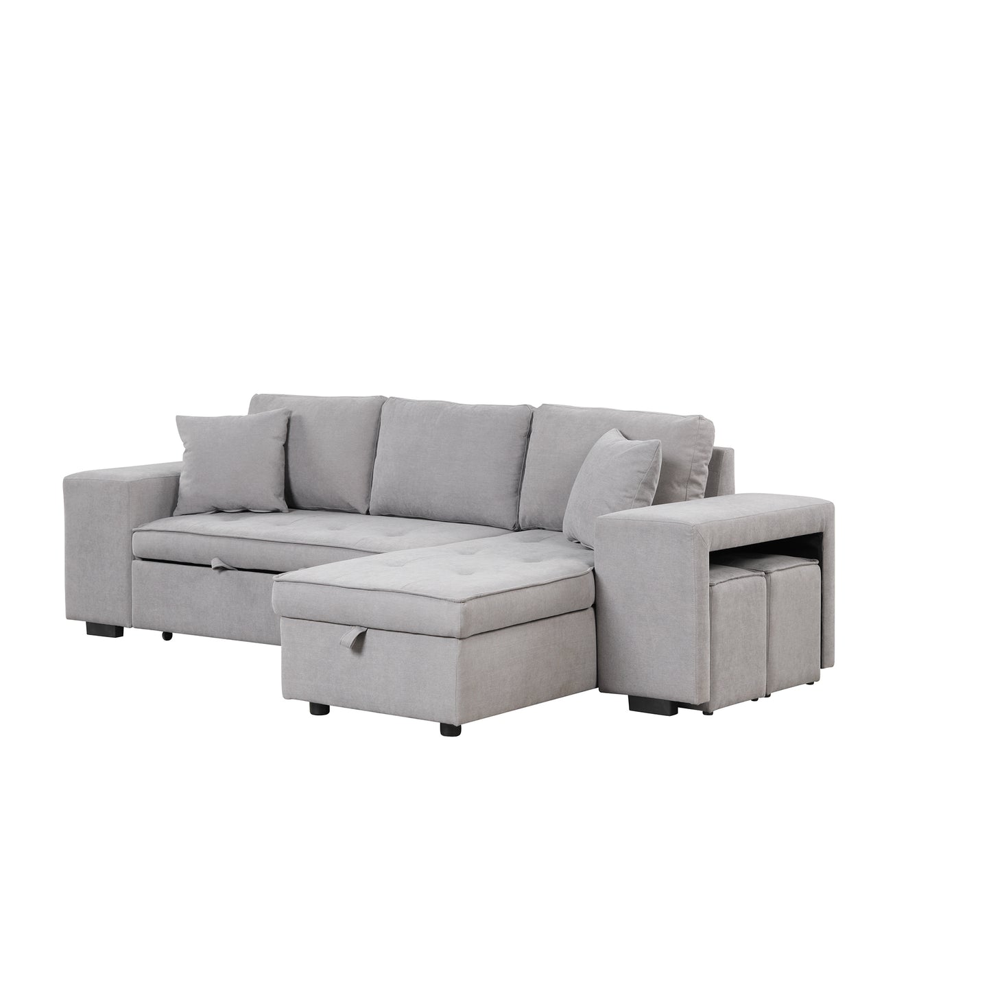 Modern L-Shape Sectional, Sleeper Sofa, Storage Chaise, 2 Stools, Grey