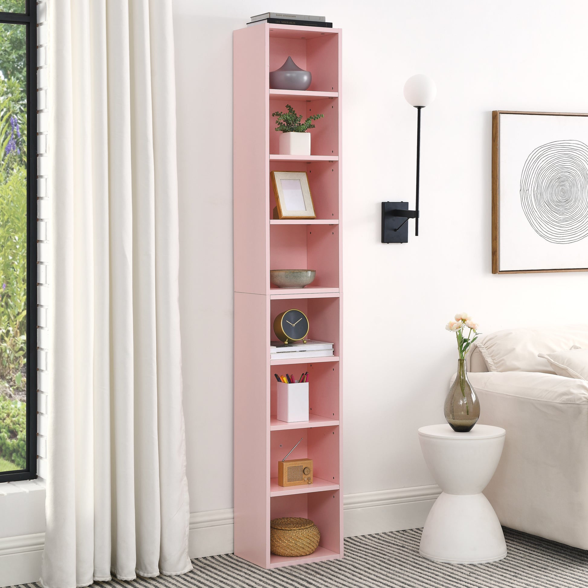 Slim Storage Cabinet with Adjustable Bookshelf for Home Office