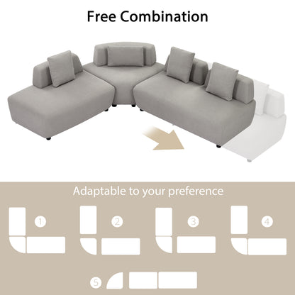 3-piece Sectional Sofa Convertible with Four Removable Pillows Grey