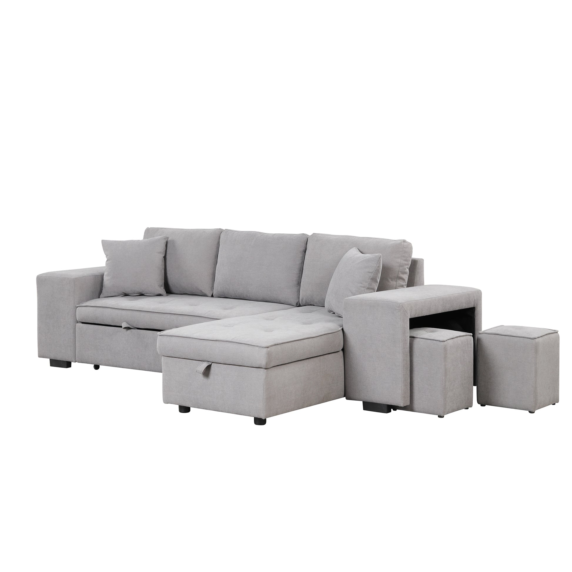 Modern L-Shape Sectional, Sleeper Sofa, Storage Chaise, 2 Stools, Grey