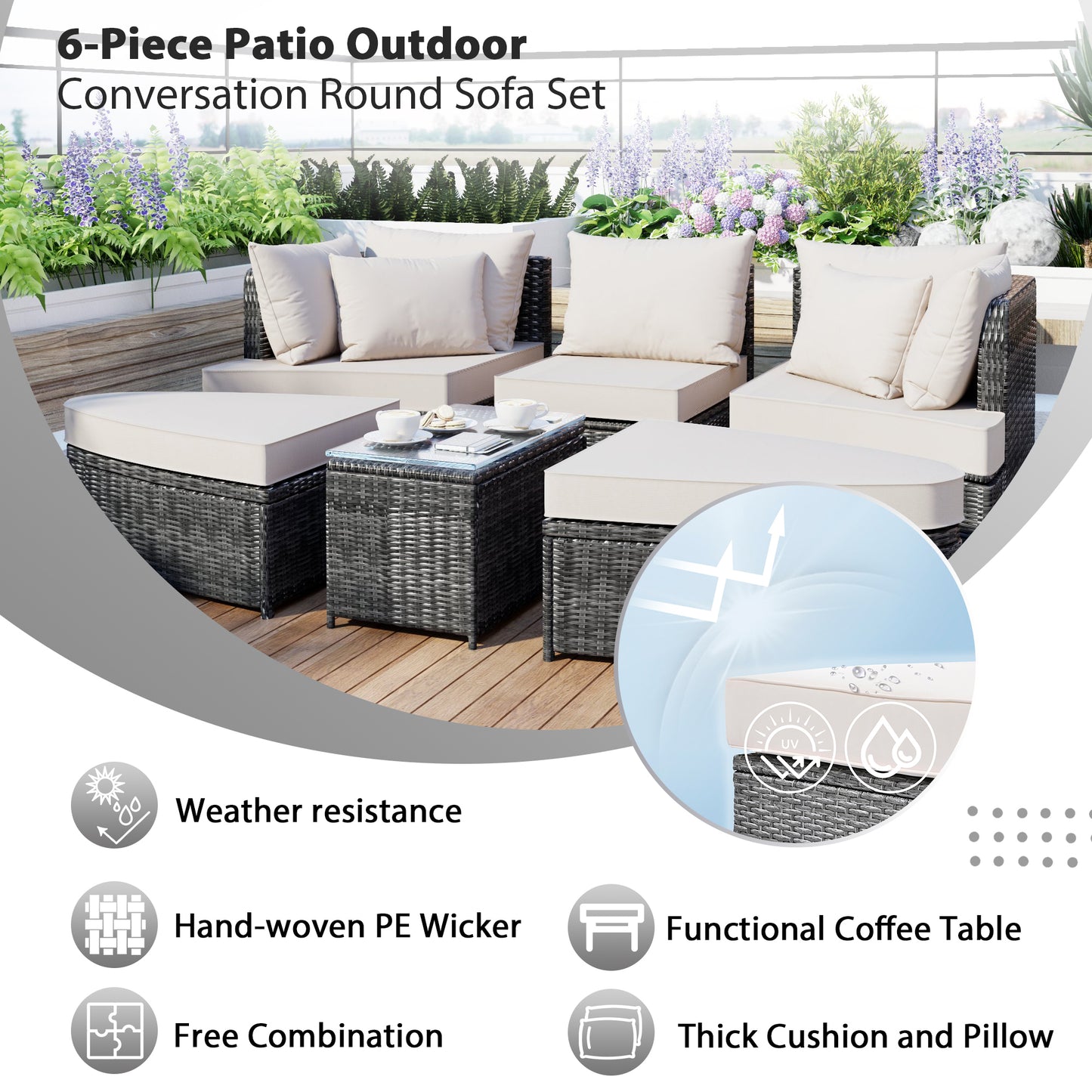 6-Piece Patio Outdoor Conversation Round Sofa Set, Table, Beige