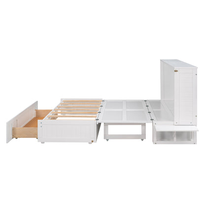 Mobile Murphy Bed: Queen Size with Drawer and Side Shelves, White