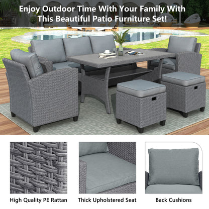 6-Piece Outdoor Wicker Set Patio Sofa, Chair, Stools, Table