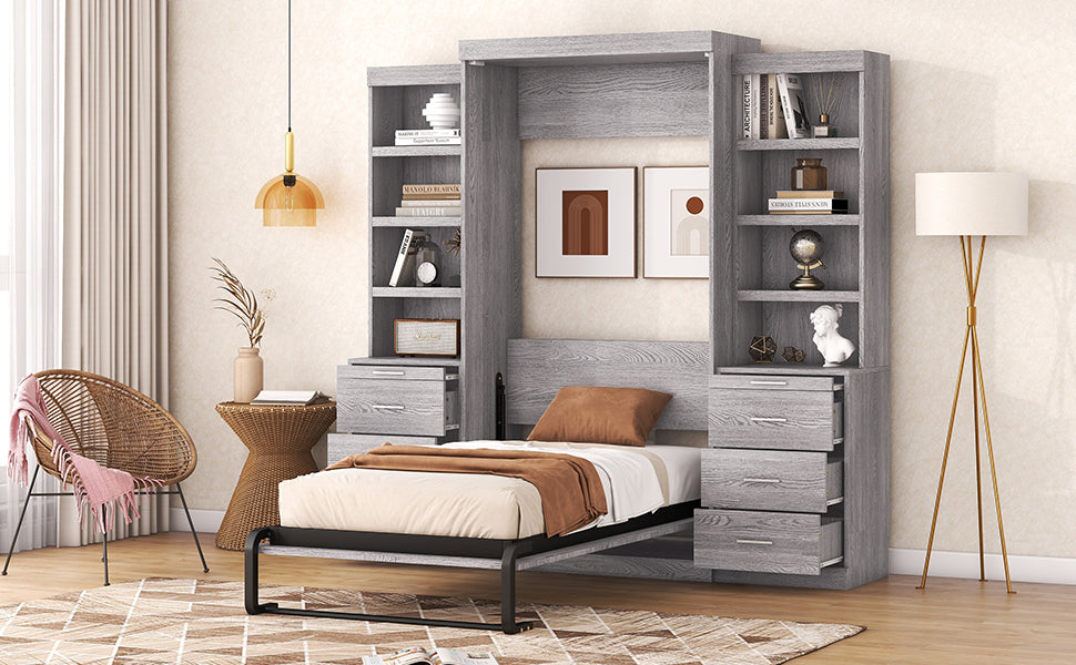 Twin Size Murphy Bed with Storage Shelves and Drawers