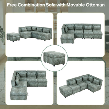 Sofa Set, 5-Seater Couch with Ottoman, 5 Pillows