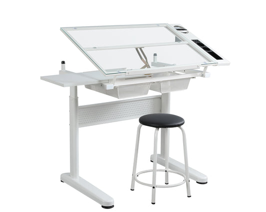 Crank adjustable drafting table drawing desk, 2 metal drawers