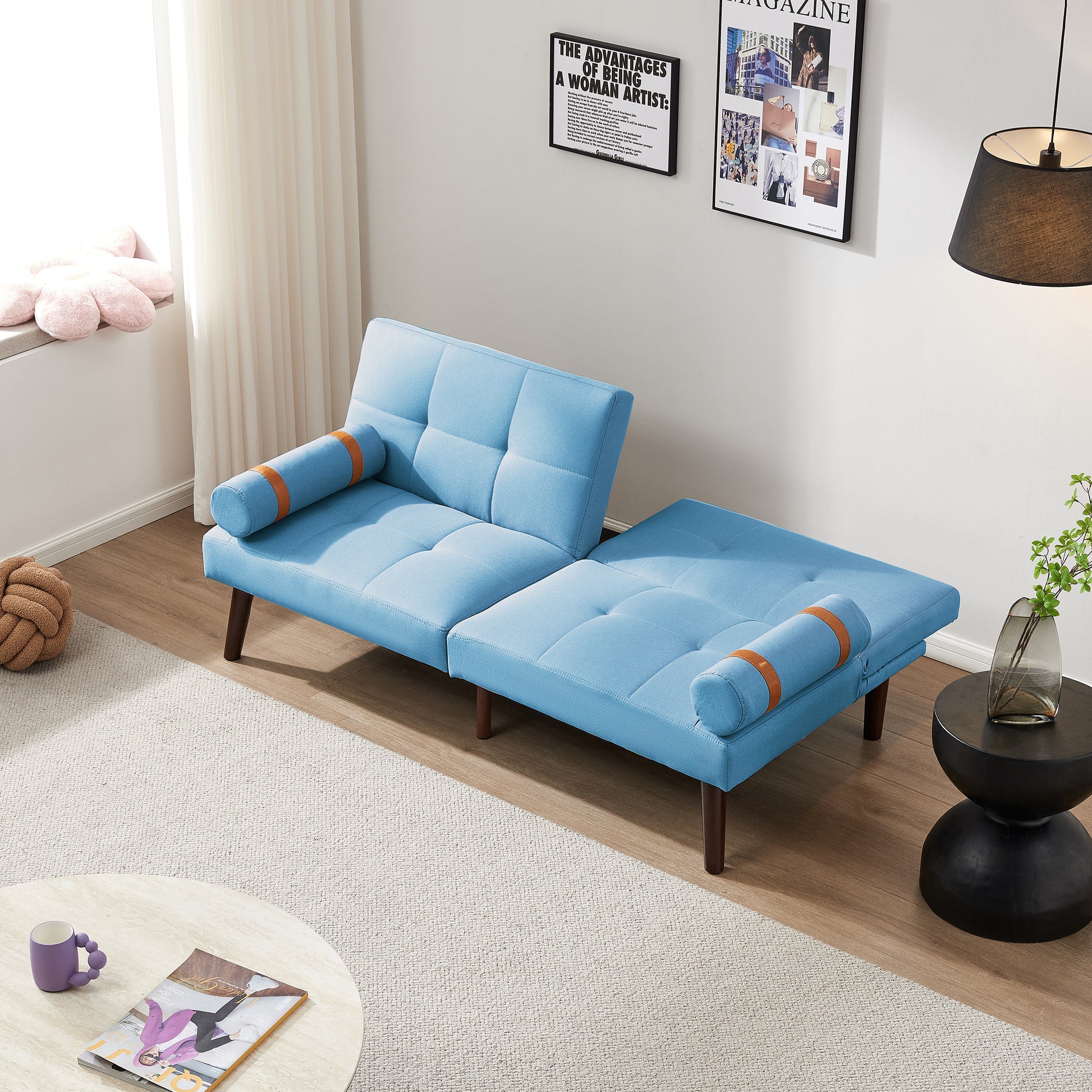 Convertible Sofa Bed Futon Linen Fabric Blue