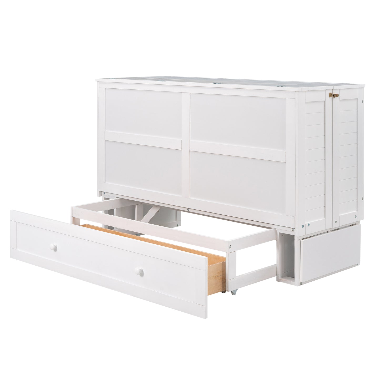 Mobile Murphy Bed: Queen Size with Drawer and Side Shelves, White