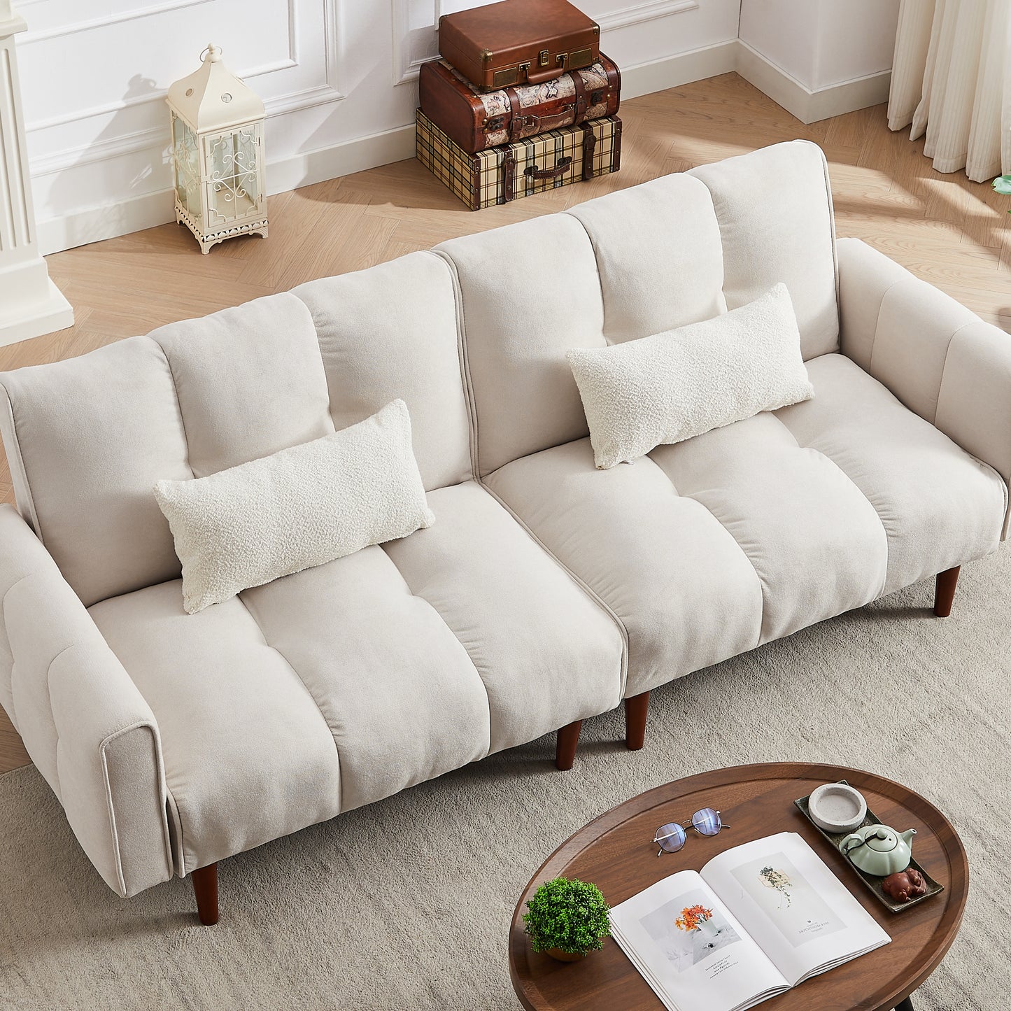 Convertible Futon Sofa Bed, 2 Pillows, Ivory