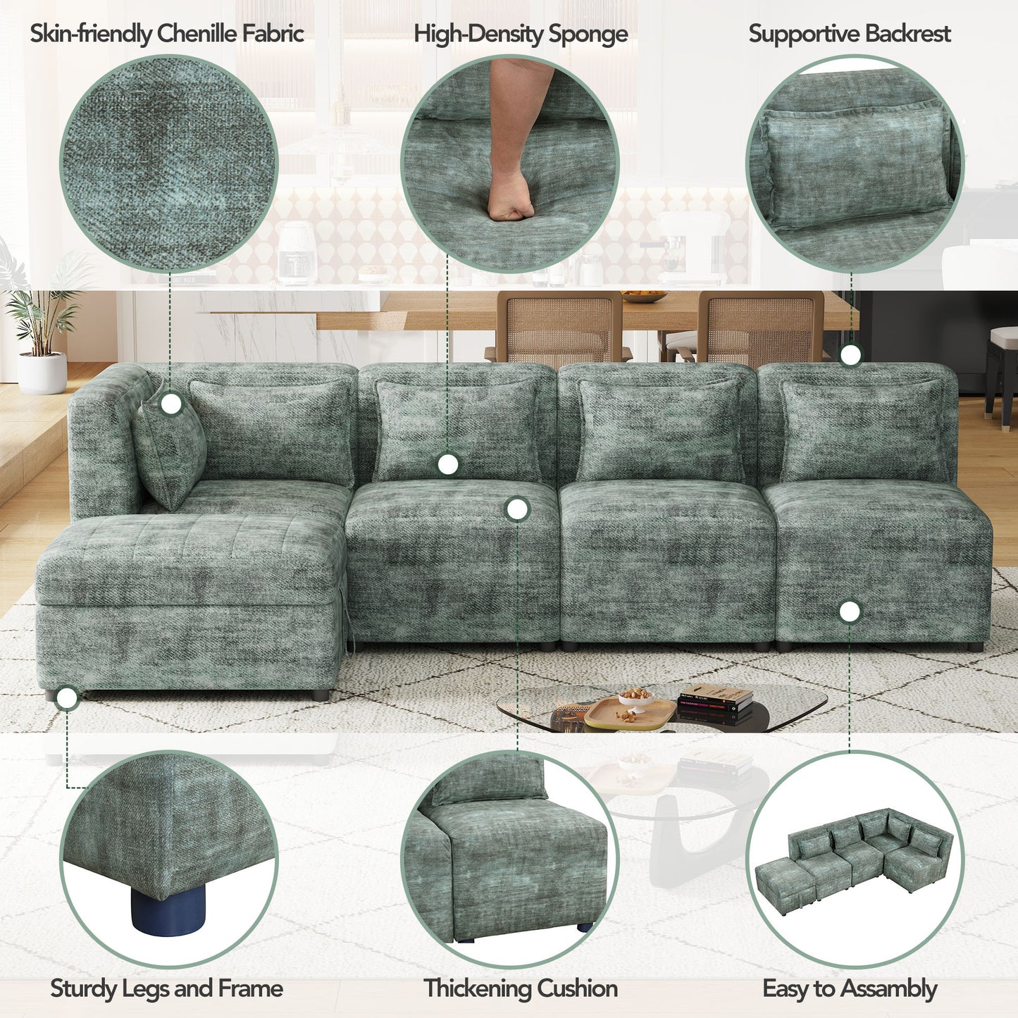 Sofa Set, 5-Seater Couch with Ottoman, 5 Pillows