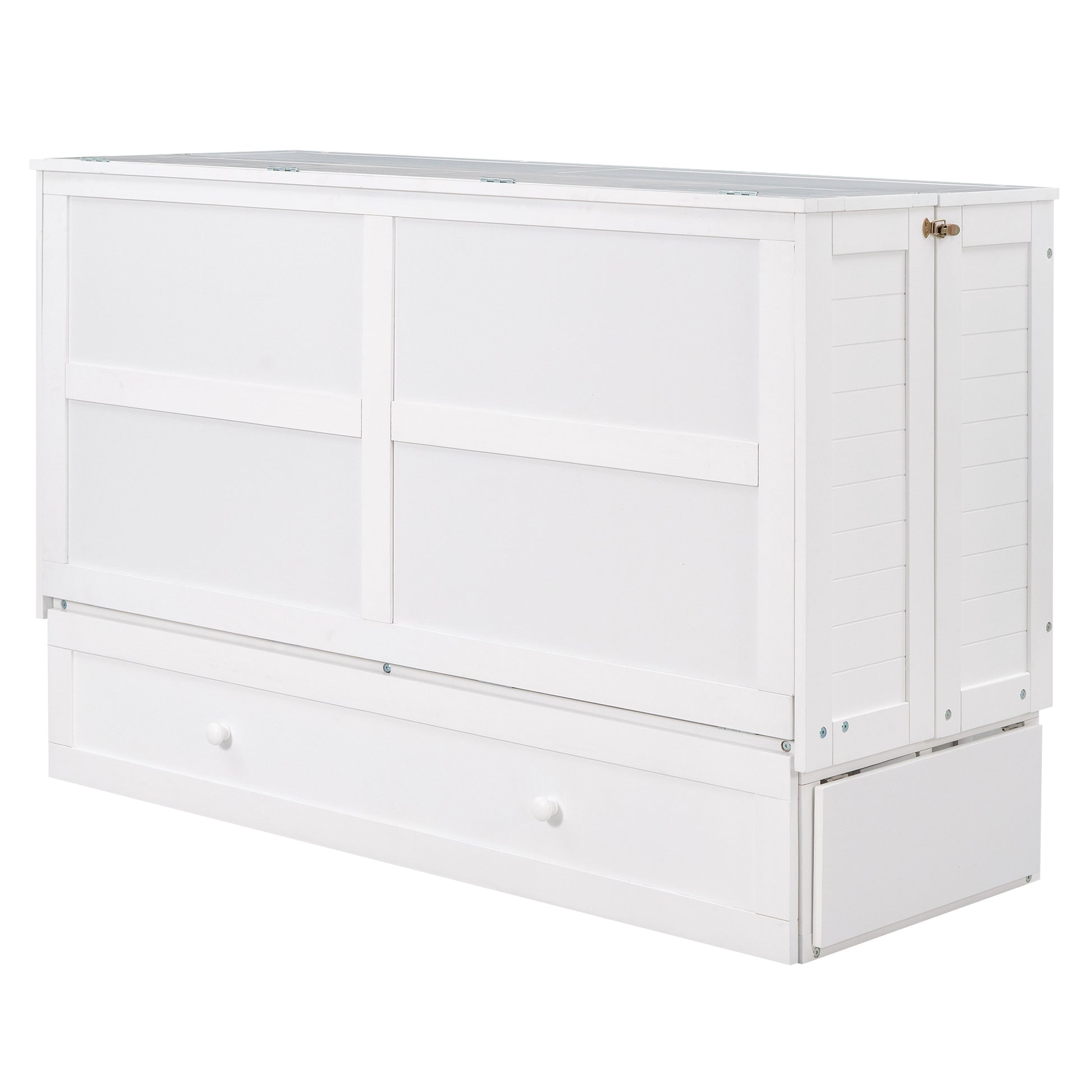 Mobile Murphy Bed: Queen Size with Drawer and Side Shelves, White