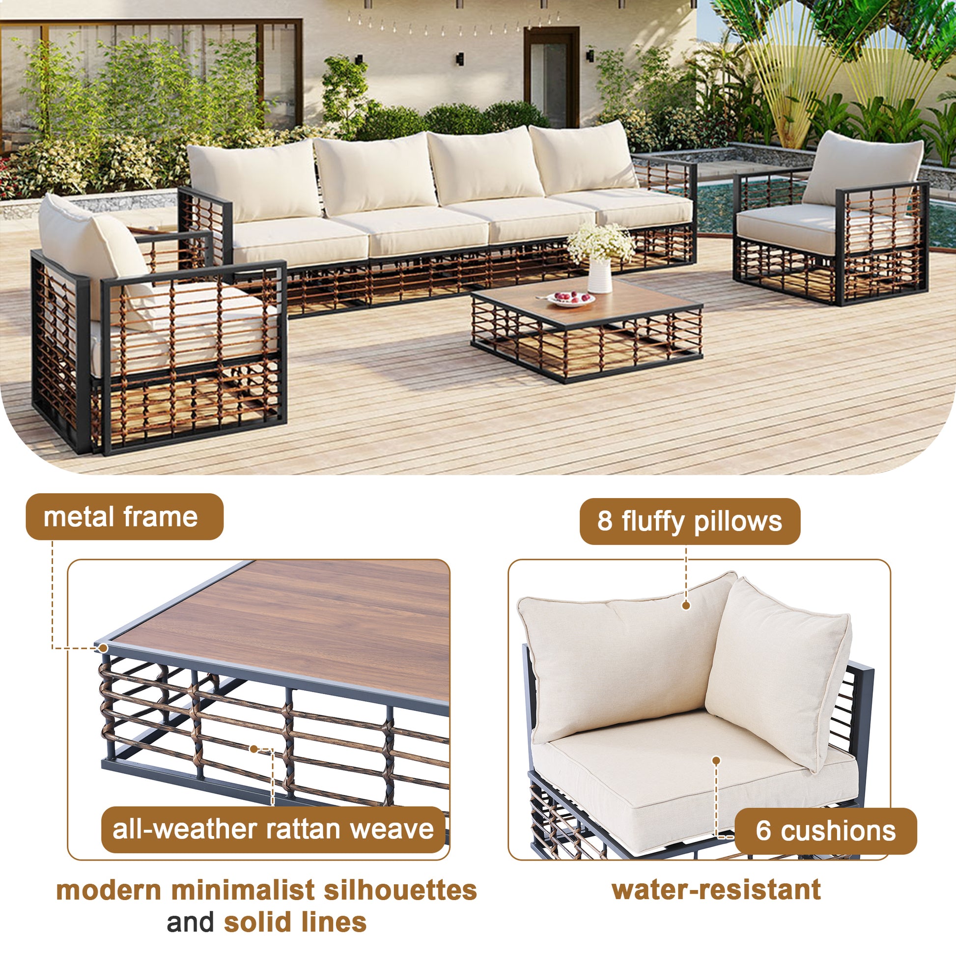 Modern 7-Piece Metal Patio Sectional Sofa Set, All-Weather