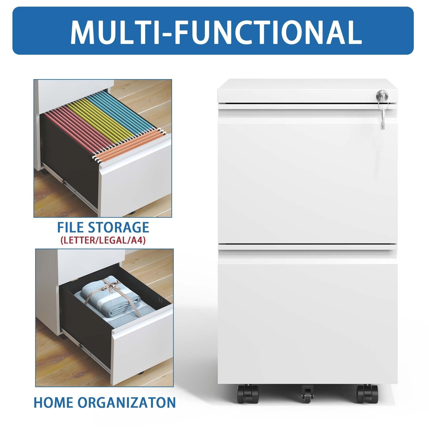 2 Drawer Metal Mobile File Cabinet, Rolling File