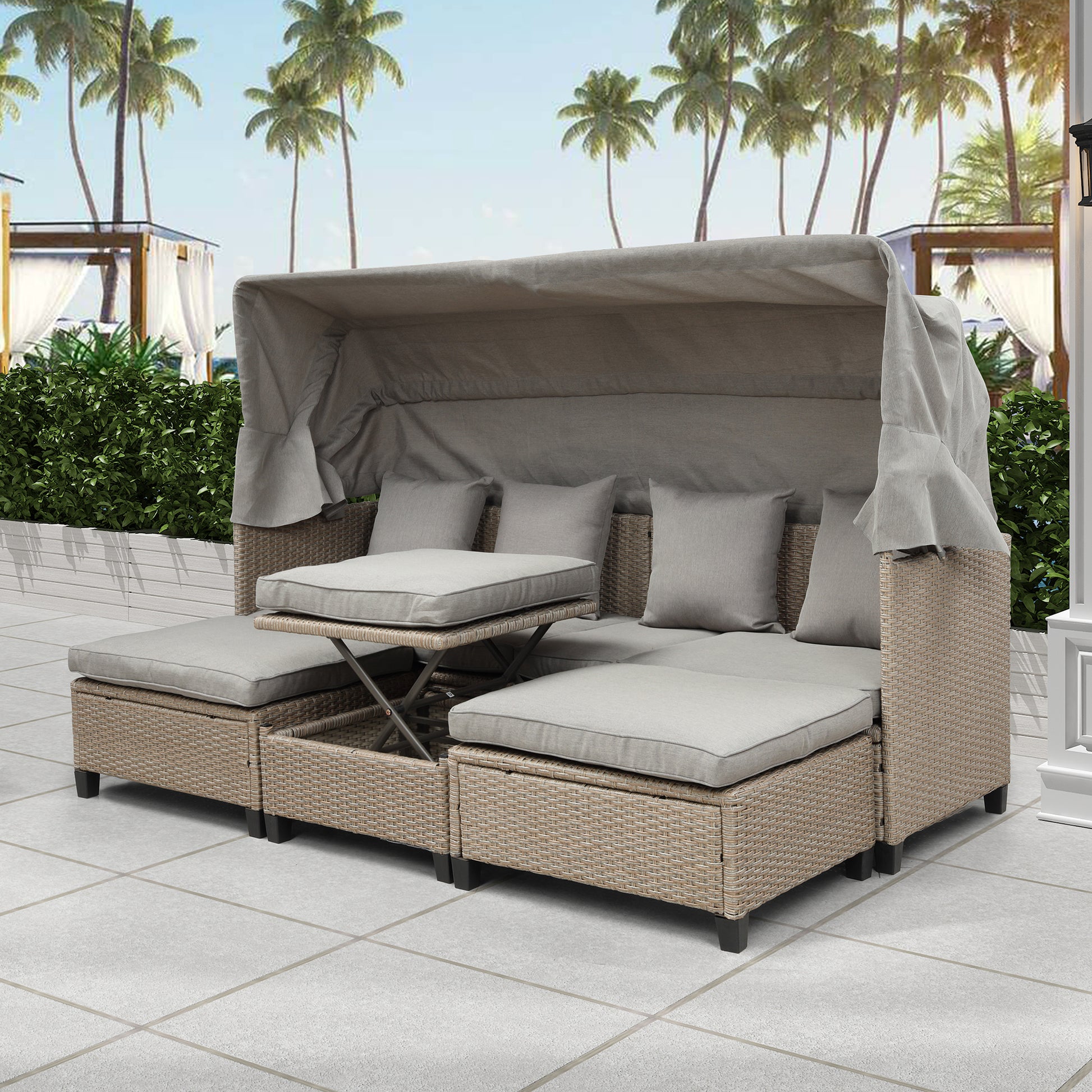 4 Piece UV-Proof Resin Wicker Patio Sofa Set, Retractable Canopy