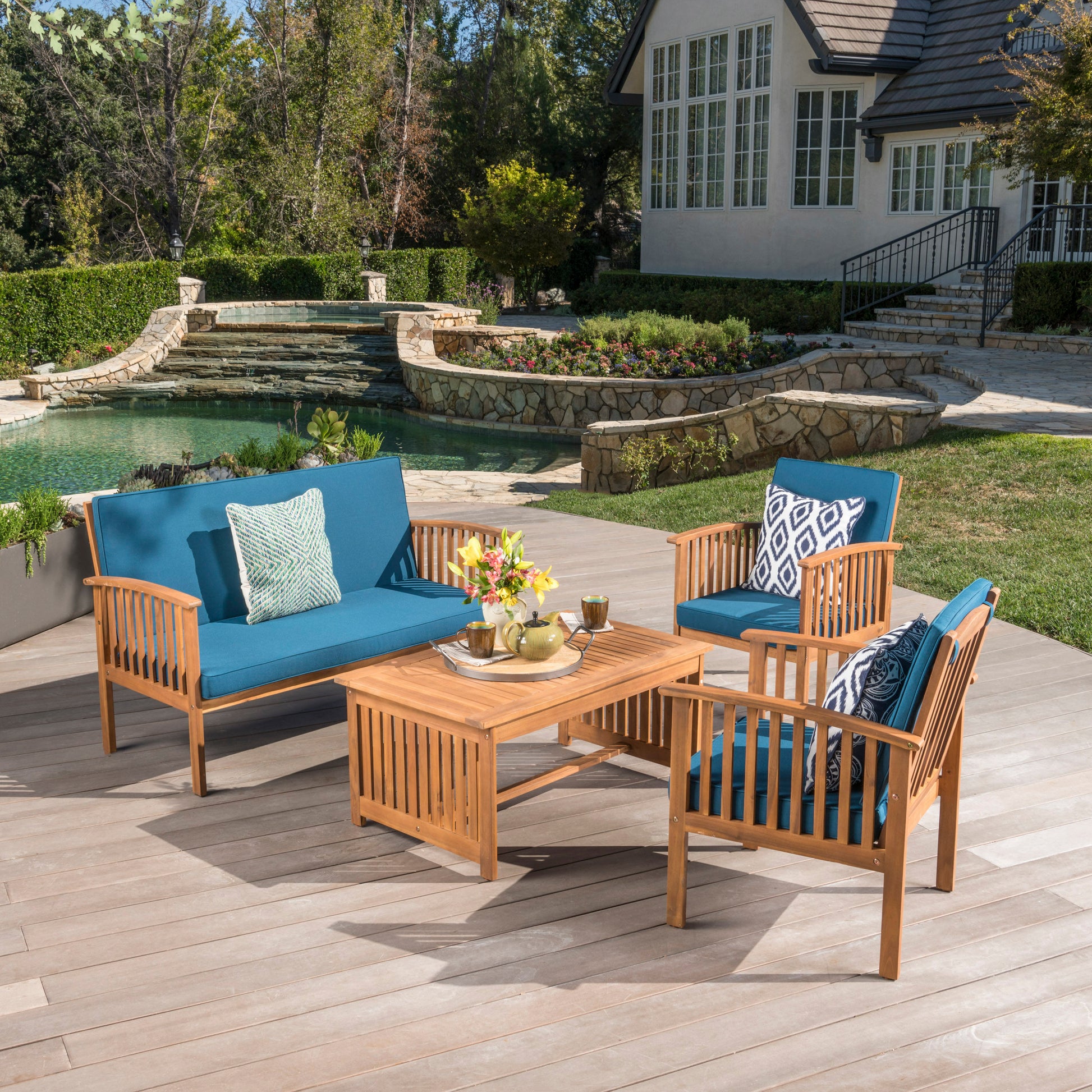 Outdoor Acacia Wood Sofa Set, Water Resistant Cushions, 4-Pcs Set