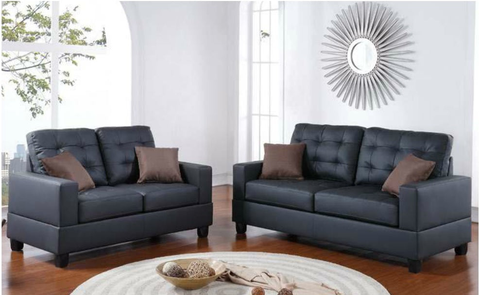 Living Room 2pc Black Faux Leather Tufted Sofa Loveseat