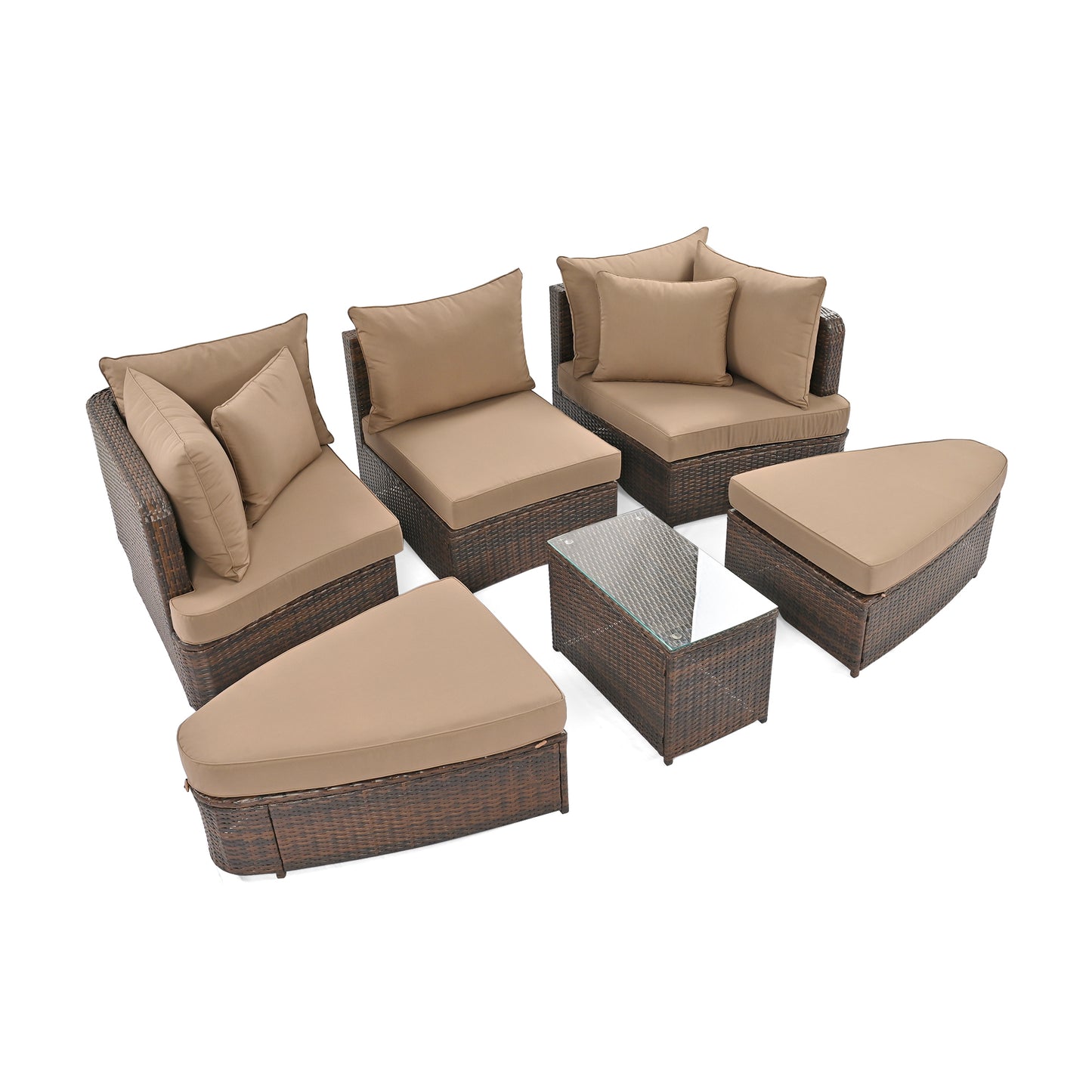 6-Piece Patio Outdoor Conversation Round Sofa Set, Coffee Table, Brown