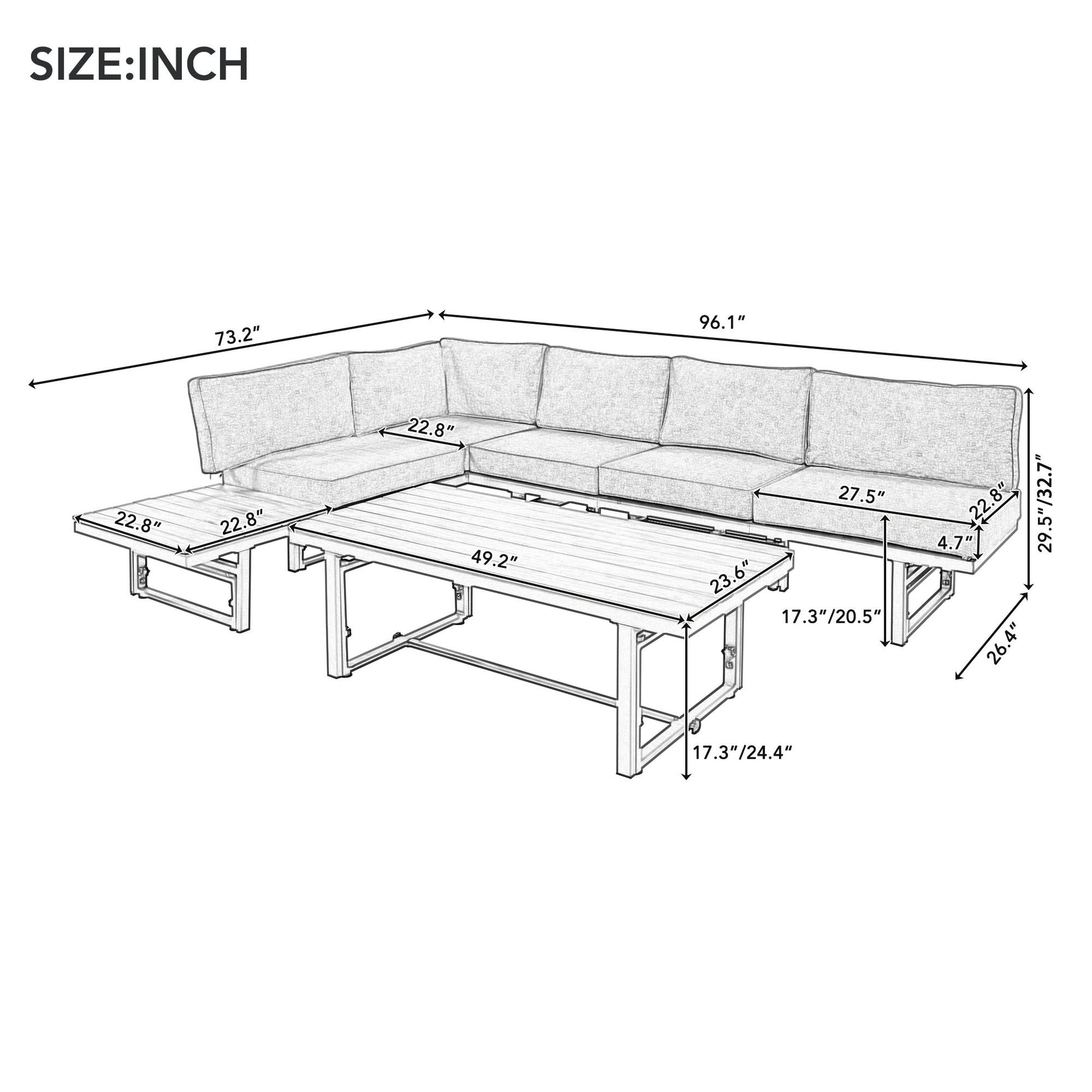 3-Piece Multi-Functional Outdoor Sectional Sofa Set adjustable Seating