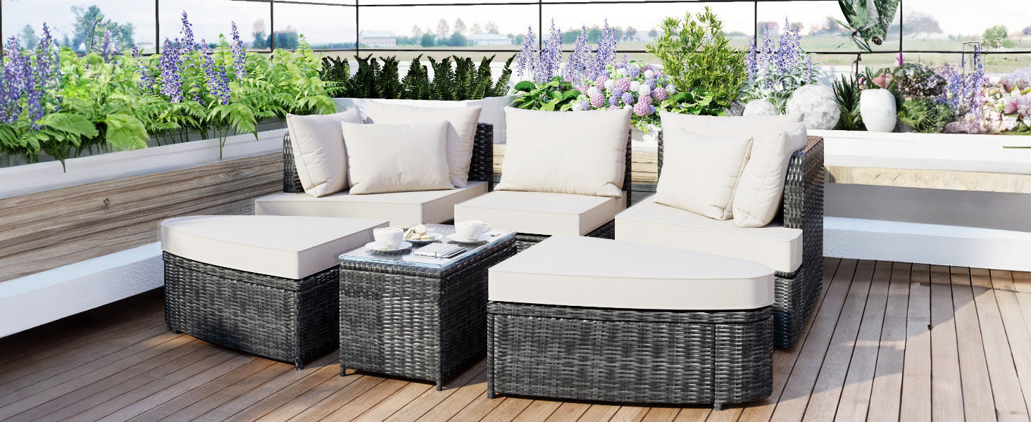 6-Piece Patio Outdoor Conversation Round Sofa Set, Table, Beige