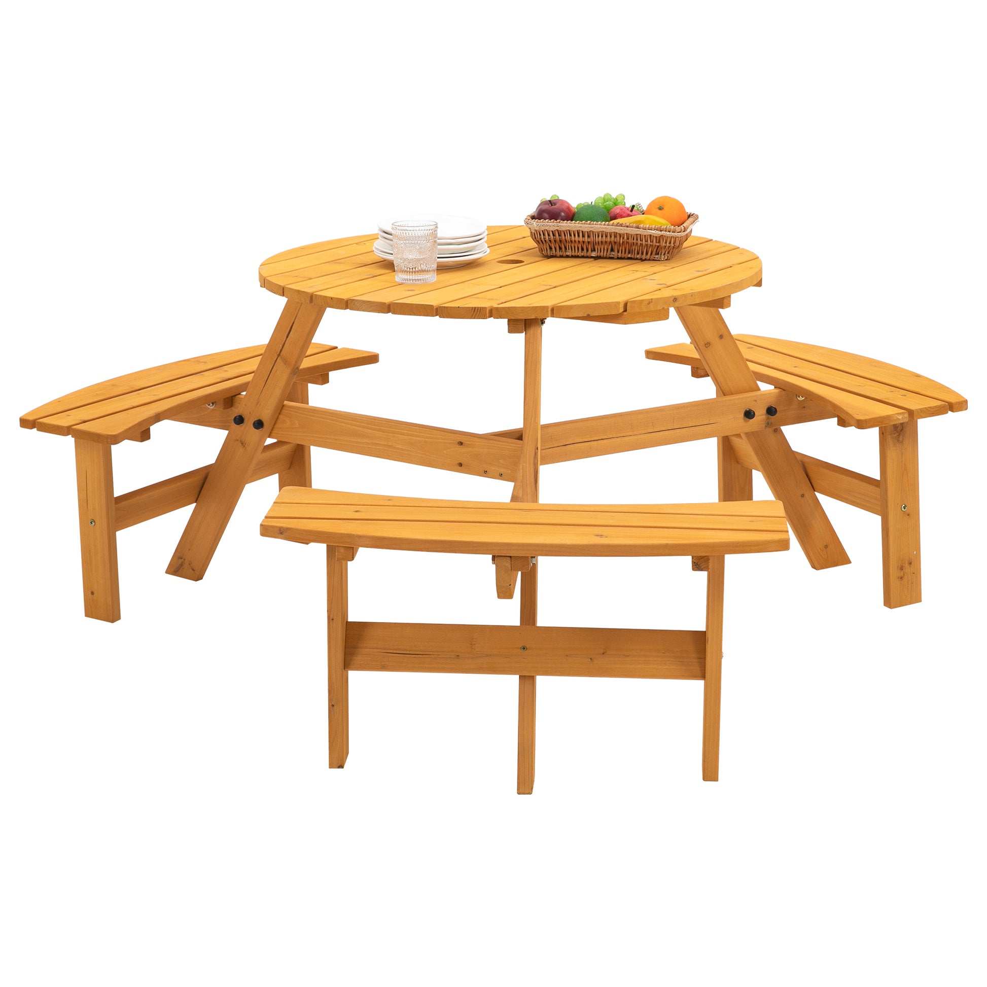 6-Person Circular Outdoor Wooden Picnic Table for Patio