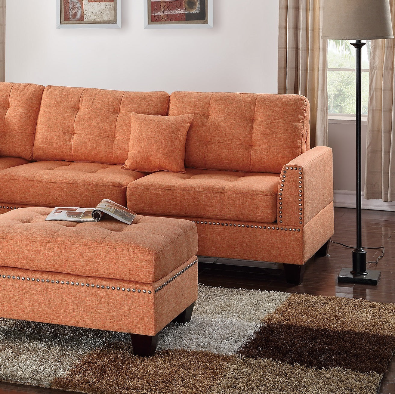 User Modern Citrus Sectional: Reversible Chaise, Sofa, Ottoman, Tufted