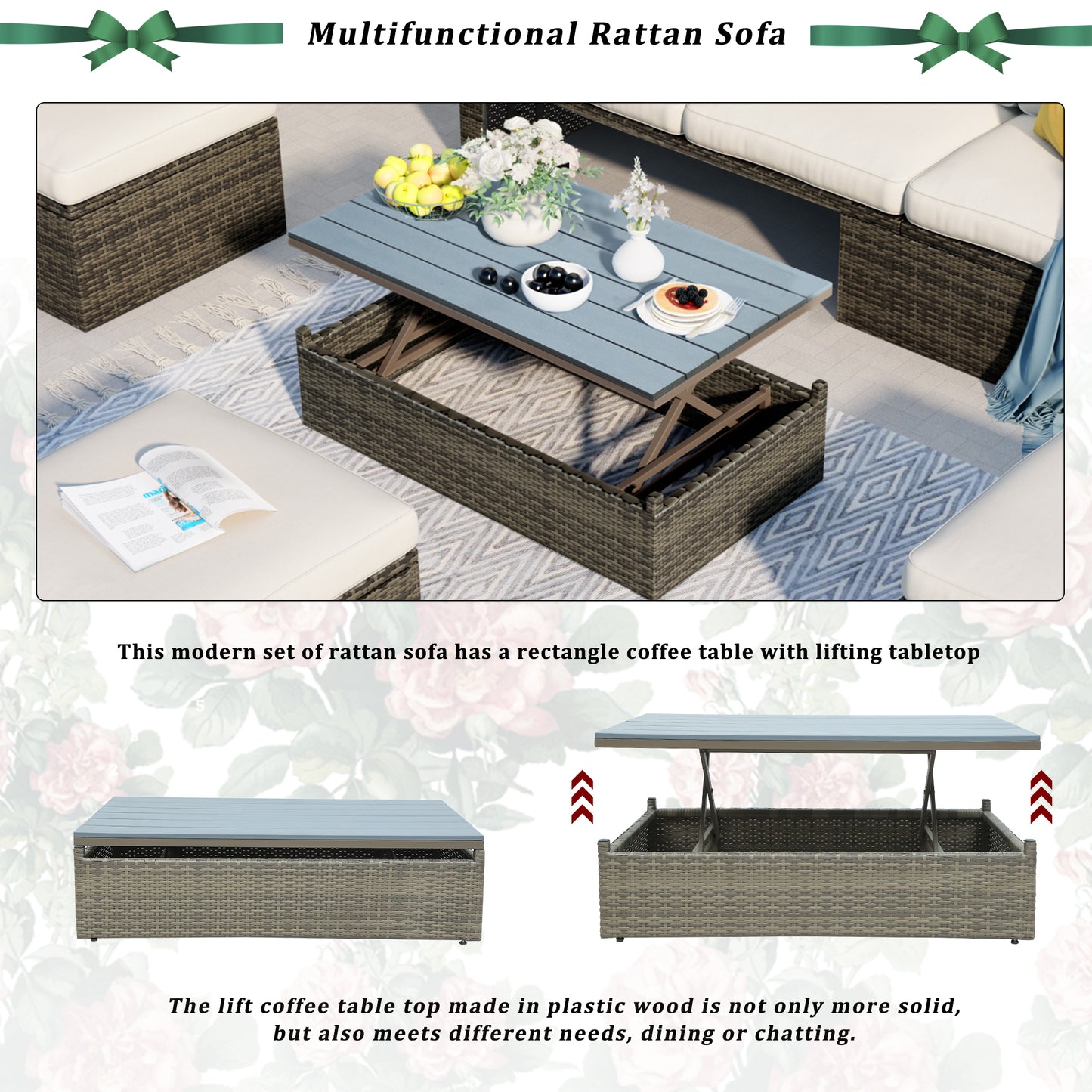 5-Piece Patio Sofa Set, Adjustable Backrest, Ottomans, Lift Top Table