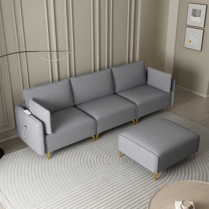 L Shape Sectional Sofa with USB Grey Fabric