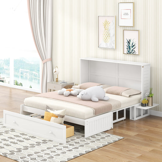 Mobile Murphy Bed: Queen Size with Drawer and Side Shelves, White