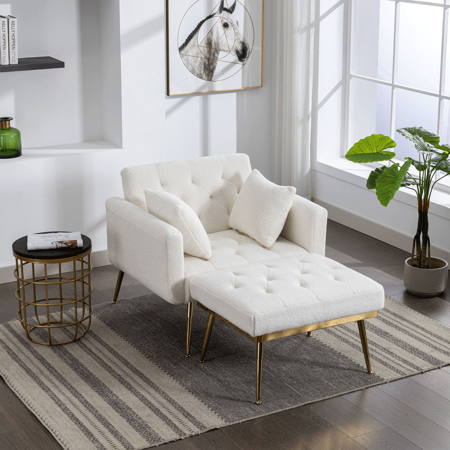 Accent Chair, Adjustable Back, Recliner, Ottoman, Ivory