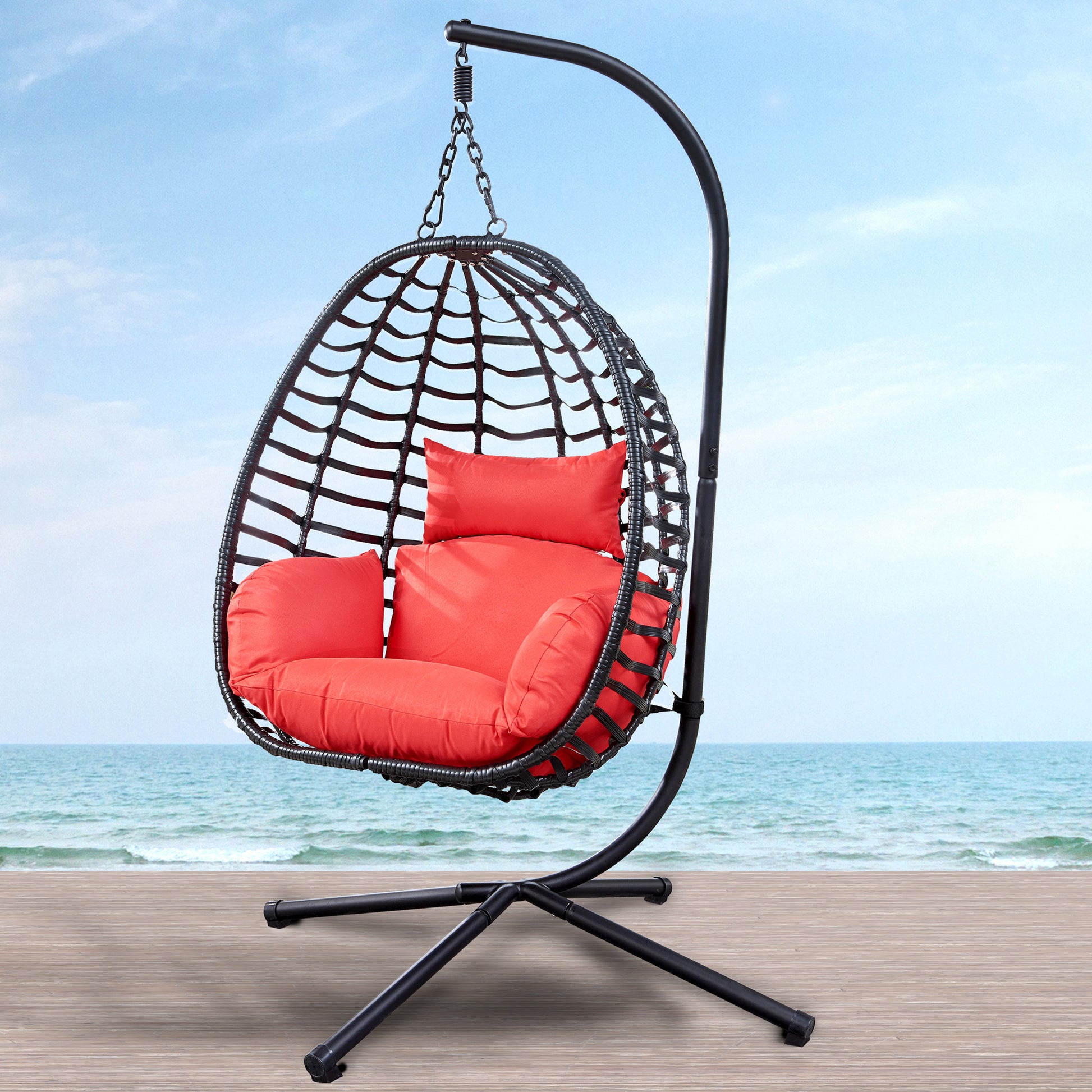 Outdoor Rattan Hanging Oval Egg Chair in Stock (Red)