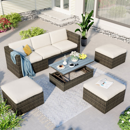 5-Piece Patio Sofa Set, Adjustable Backrest, Ottomans, Lift Top Table