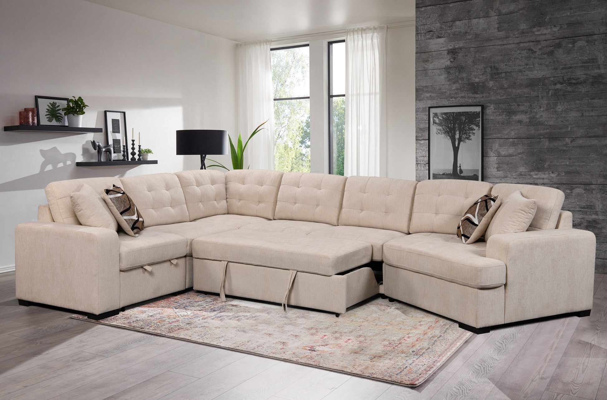 Oversized U-Shape Sectional: Wide Chaise, Beige, Ideal for Home.